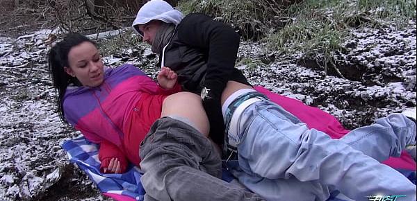  Sexy little brunette in a little bit freezing public fuck warming up hard cock